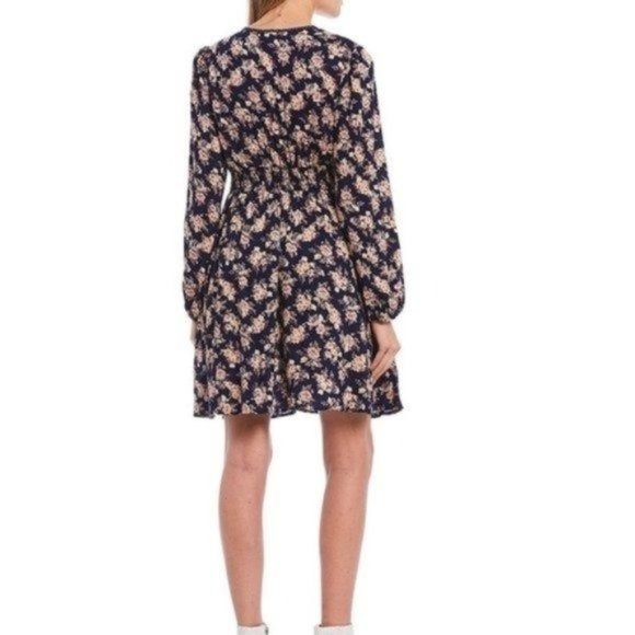 Navy Blue Floral Long Sleeve Front Tie Midi Dress - Picture 2 of 5